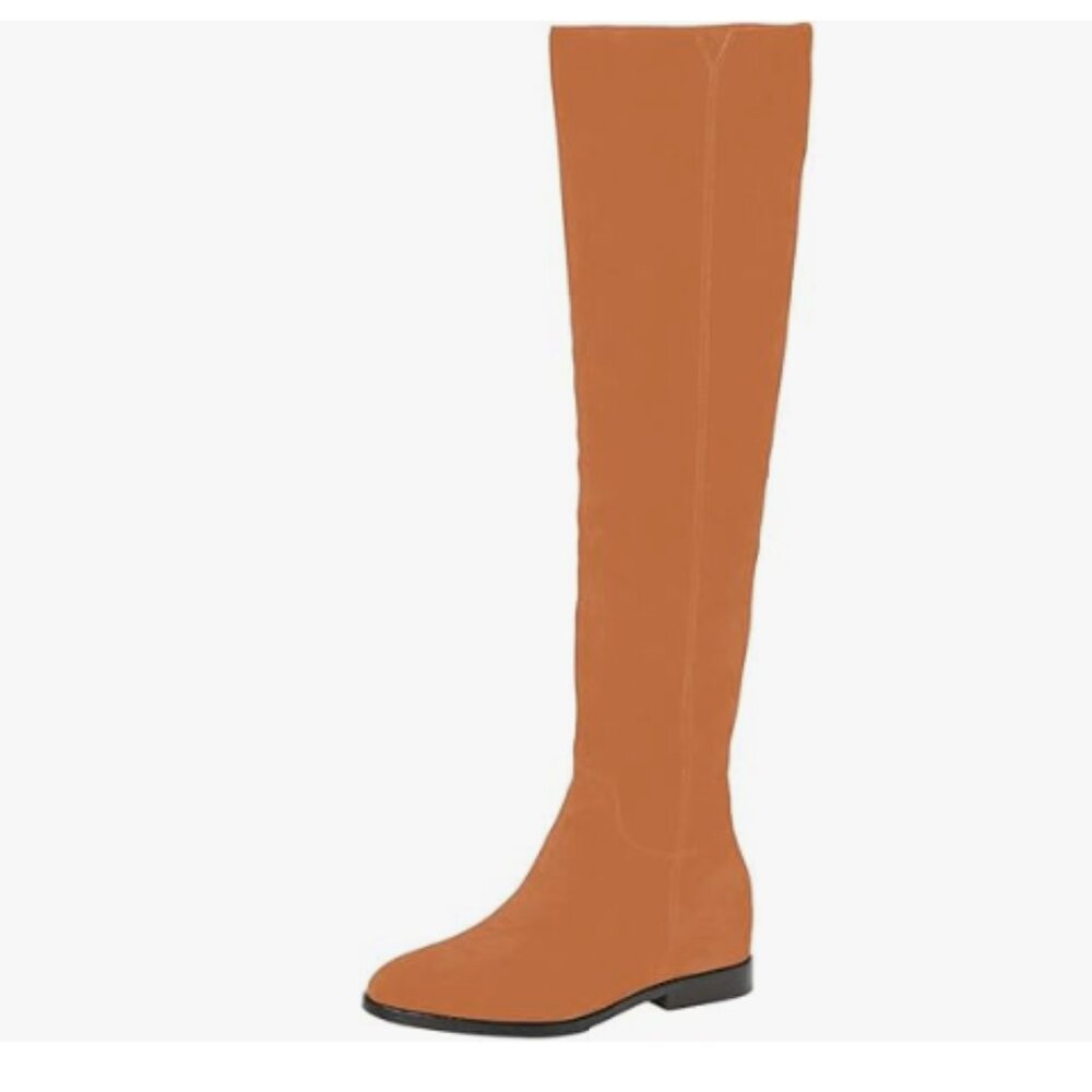 Pazzion Women Almond Toe Knee High Boots with Partial Zipper Stretchy Orange